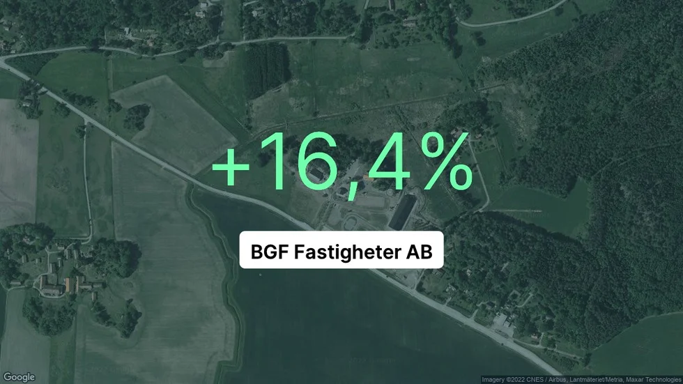 Illustrationen visar rörelsemarginalen för BGF Fastigheter för det senaste året. Bakgrunden är en satellitbild över företagets adress.