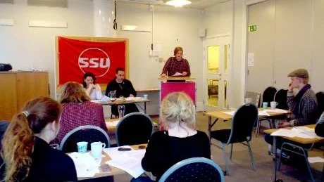 SSU-Gotland diskuterar sitt program. I talarstolen omvalde ordföranden David Lindvall.