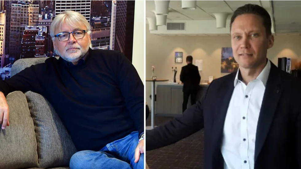 Ulf Rosén (t v), styrelseledamot i Almtuna, och klubbens ordförande, Petteri Olsén. Nu svarar de på kritiken efter nedläggningen av damlaget. (Arkivbilder)