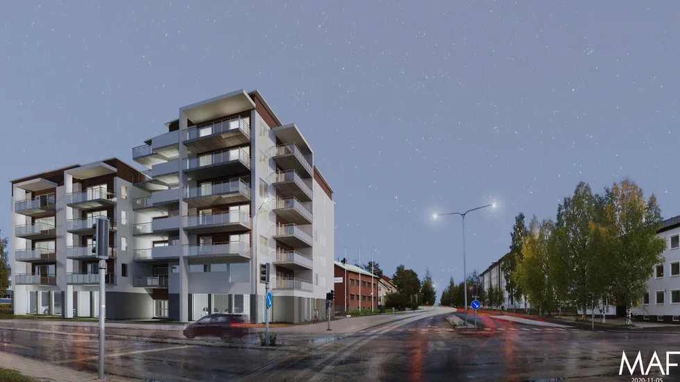 En projektbild över hur de nya husen i hörnet av Gammelstadsvägen och Kungsgatan kan se ut när de är färdiga. Det är oklart om det är ett hot eller ett löfte.