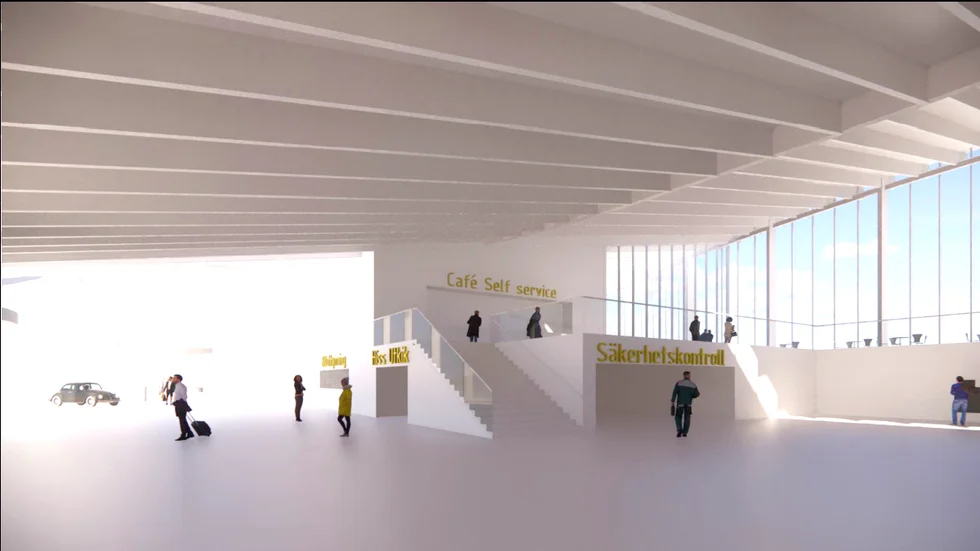 Så här ser en av idéskisserna ut för en ny terminal vid Skellefteå Airport. Passagerarna håller till på markplanet medan besökare kan gå en trappa upp och titta på avgångarna.