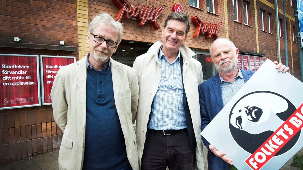 Kulturnämndens ordförande Omar Jakobsson, SF Bios informationschef Thomas Runfors och Folkets Bios ordförande Andreas Hoffsten när Folkets Bios flytt till Royal tillkännagavs tidigare i år.