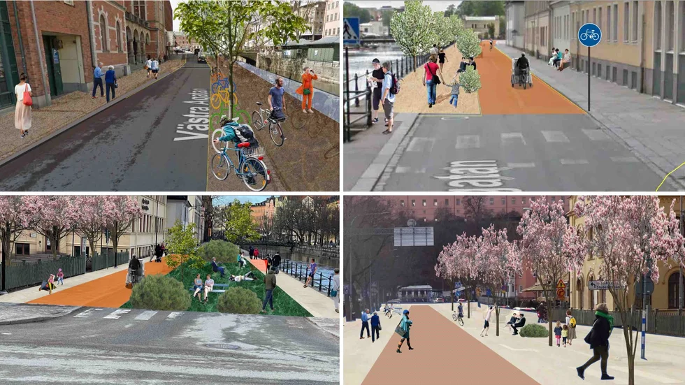 Cykelfrämjandets förslag i bildform: Längst upp till vänster: Västra Ågatan vid Norrlands nation. Längst upp till höger Västra Ågatan vid Norrlands nation. Längst ned till vänster: Vid Islandsbron får man plats med en 7,5 m bred minipark. Grönytan kan bli dubbelt så stor som Fadimes plats. Längst ned till höger: Munkgatan kav vara torg/park, med körbana lik Stora Torgets. 



