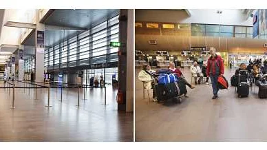 Inställda flyg på Arlanda på grund av askmoln från vulkanutbrottet på Island. Det var tomt vid incheckningen men köer vid biljettdiskarna i avgångshallen. SAS ställde ut stolar så att folk slapp köa ståendes. -Nu är det bara kaffet som saknas, utbrast Ulla-Britt Jelveus (tv i bild)