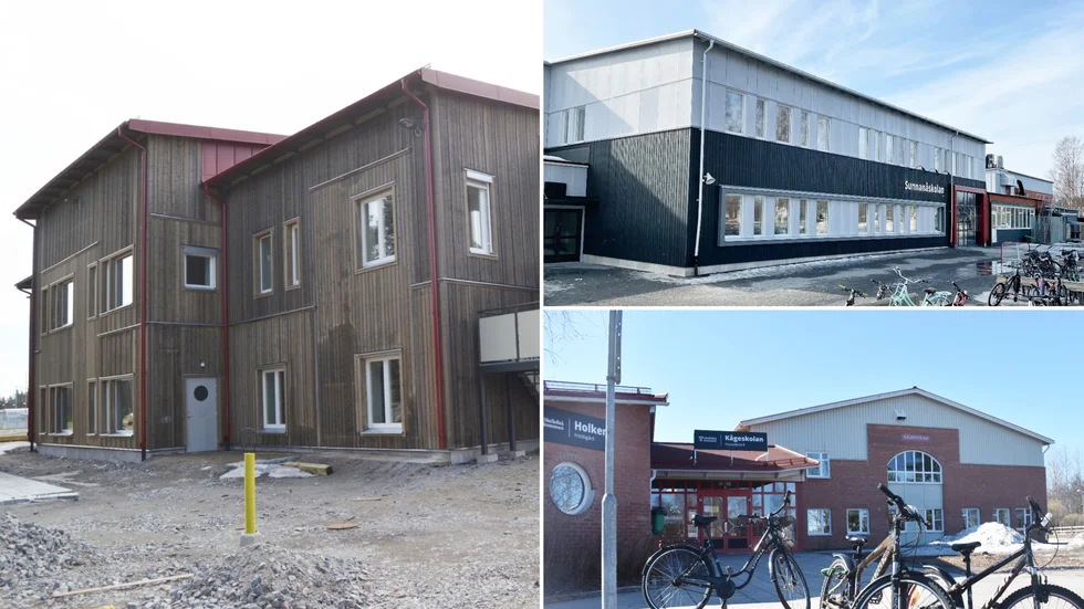 Till vänster syns hur en 10-avdelningsförskola ser ut, och en variant ska byggas på Anderstorp. Uppe till höger syns Sunnanåskolan och nedanför Kågeskolan, som båda ska byggas ut och få nya sporthallar. 