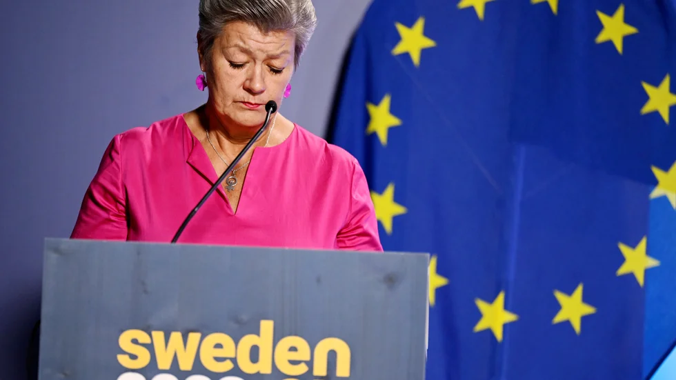EU- kommissionären Ylva Johansson på en presskonferens under onsdagen.