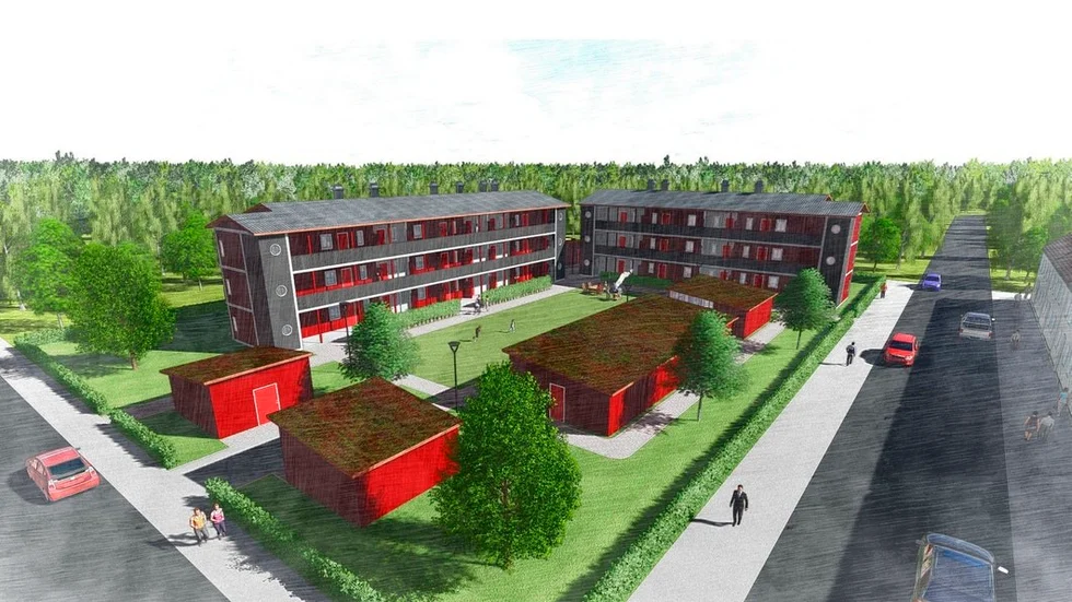 Såhär var husen vid Flygrakan på Brandholmen tänkta att se ut när planerna presenterades i våras. Nu har det dock blivit en något annan utformning med färre lägenheter som följd, 60 stycken på Brandholmen och 20 på Ängstugevägen i stället för totalt 96 lägenheter.