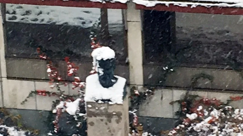 Yvonne Hagström trivs i sin nya hemstad med Brantingsstatyns snökeps . FOTO: PRIVAT