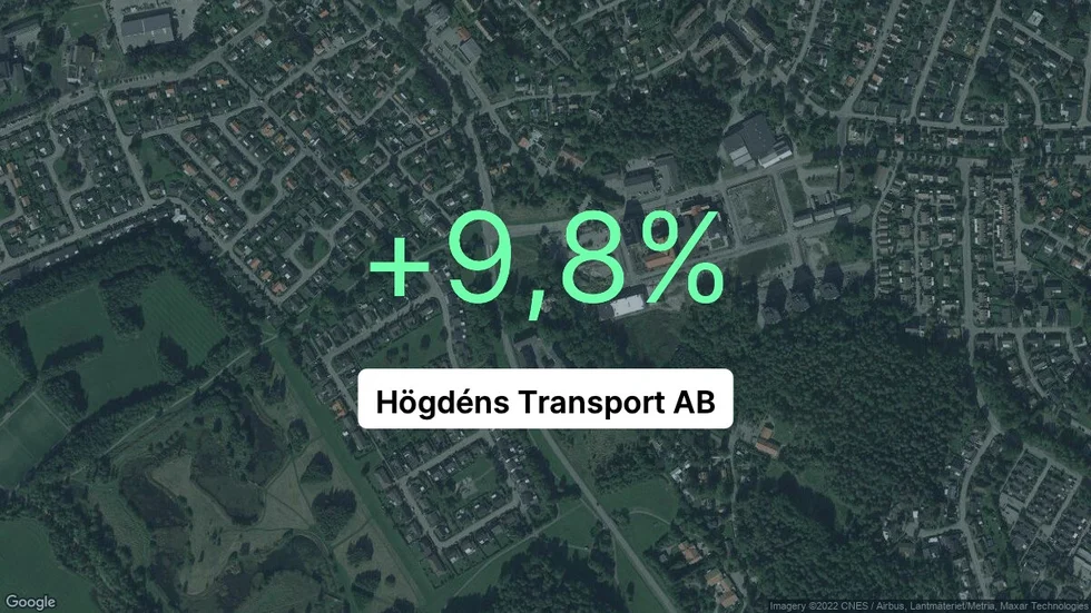 Illustrationen visar rörelsemarginalen för Högdéns Transport för det senaste året. Bakgrunden är en satellitbild över företagets adress.