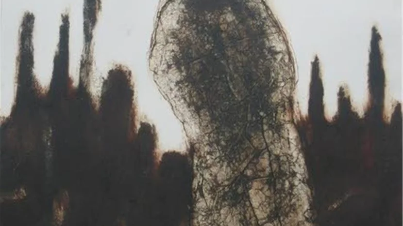 "Skogen" grafik skapad med carborundum på aluminium, ett slags akvatint, där Helena Andreeff inspirerats av sommarens händelser i Ojnareskogen.