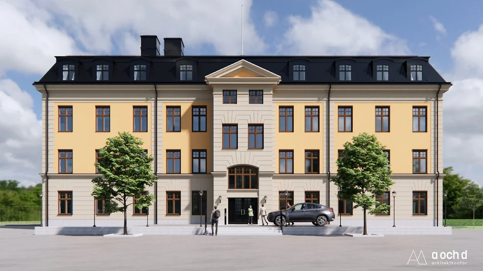 Så här kommer kanslihuset på I 19 se ut efter återuppbyggnaden enligt arkitektbyråns illustrationsbild. De historiska detaljerna kommer vara så lika originalet som möjligt.
