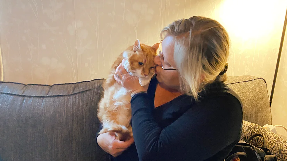 Anna Linder pussar Bullen, som har varit på rymmen i många år.