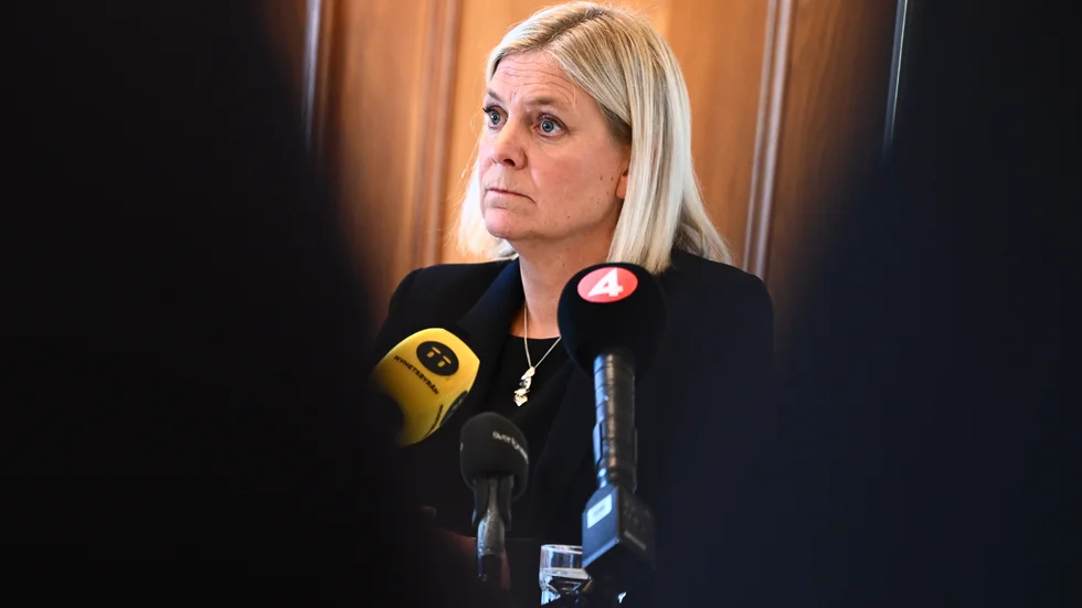 Partiledaren Magdalena Andersson (S) på presskonferensen om socialdemokraternas lotteri.