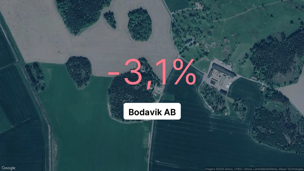 Illustrationen visar rörelsemarginalen för Bodavik för det senaste året. Bakgrunden är en satellitbild över företagets adress.