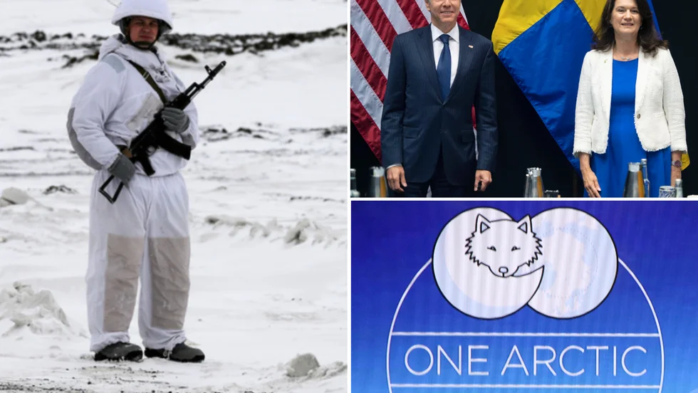 På bilden till vänster syns en rysk soldat på ön Alexandras land, Rysslands nordligaste militära postering. Till höger USA:s utrikesminister Antony Blinken och Sveriges Ann Linde (S) som fick ett snack med varandra under Arktiska rådets möte i Reykjavik..