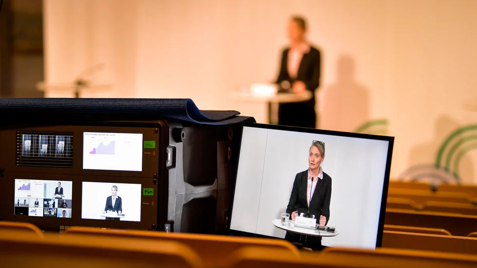 Karin Tegmark Wisell, avdelningschef, Folkhälsomyndigheten, under torsdagens digitala myndighetsgemensamma pressträff om pandemiläget. 