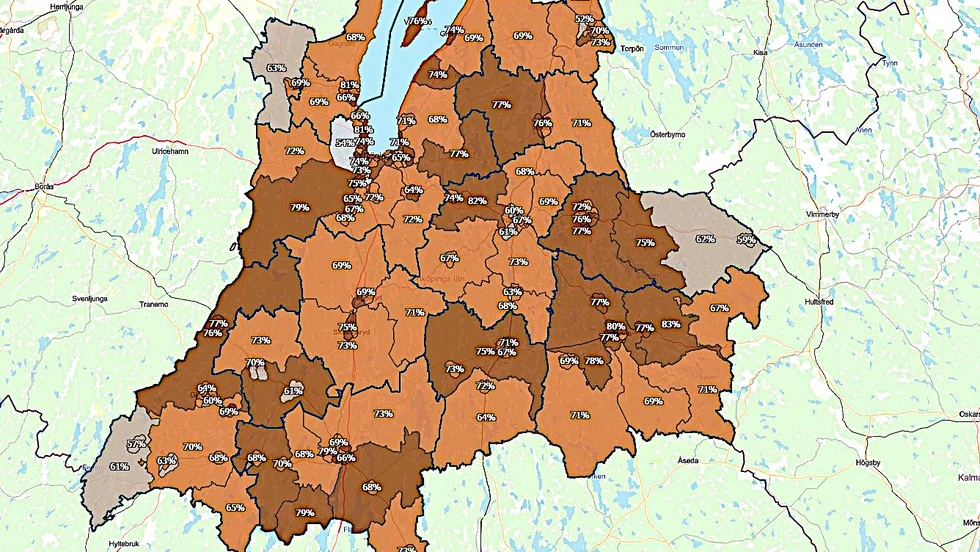 Så här ser regionens vaccinkarta över länet ut den här veckan. De grå fälten har lägst vaccinationsgrad i gruppen 50-69 år och ju mer brunt ju större andel vaccinerade. Kartan dateras uypp varje vecka.