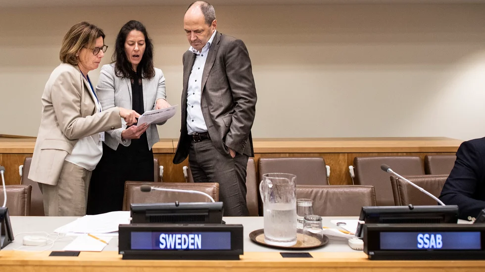 Dåvarande miljö och klimatminister Isabella Lövin (MP) tillsammans med SSAB:s vd Martin Lindqvist i panelen vid Climate action summit inför den stora klimatkonferensen i FN-högkvarteret för två år sedan.