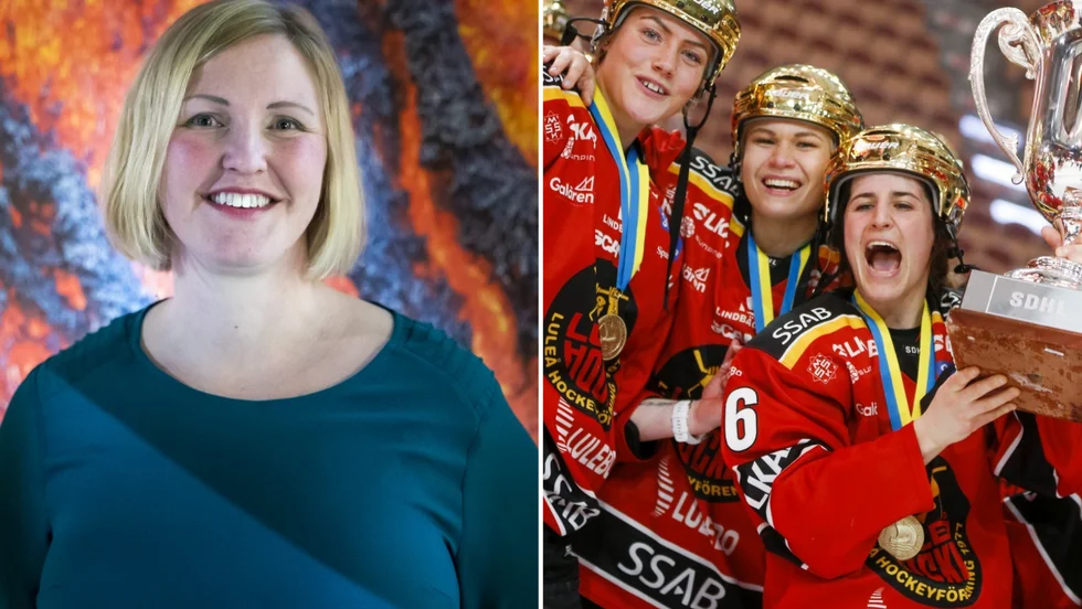 Luleås kommunalråd Carina Sammeli (S) hyllar Luleå Hockey/MSSK efter lagets fjärde SM-guld.