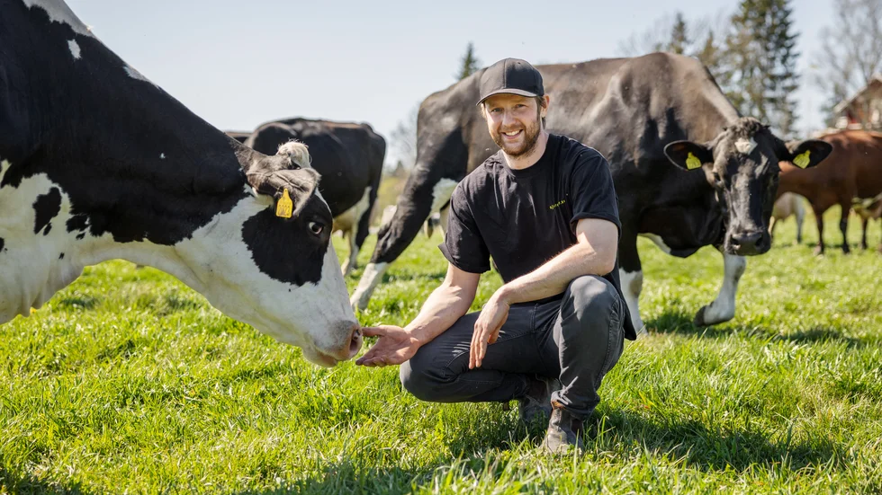 Bonden Erik Gauffin njöt av vädret och att se korna utomhus för första gången i år.