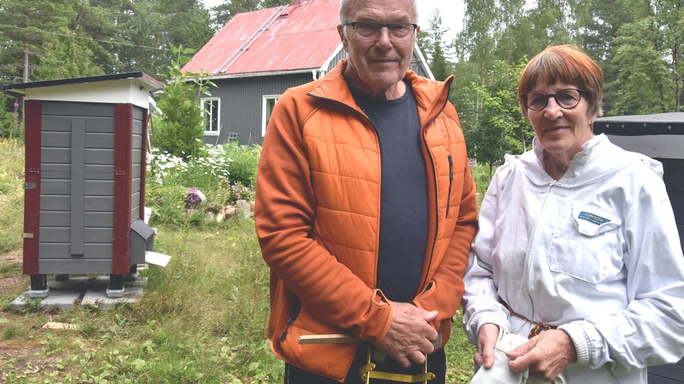 Roland Nyman och Anja-Riitta Jolanki, i bakgrunden syns en av de tre bikuporna.