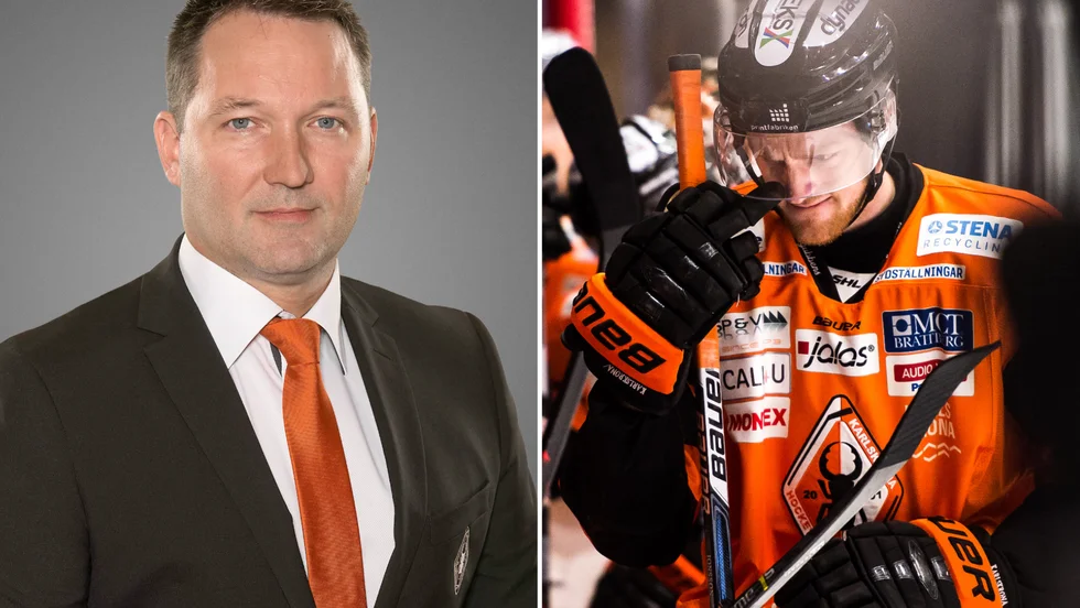 Tobias C. Larsson, ordförande i Karlskrona Hockey, till vänster i bild.