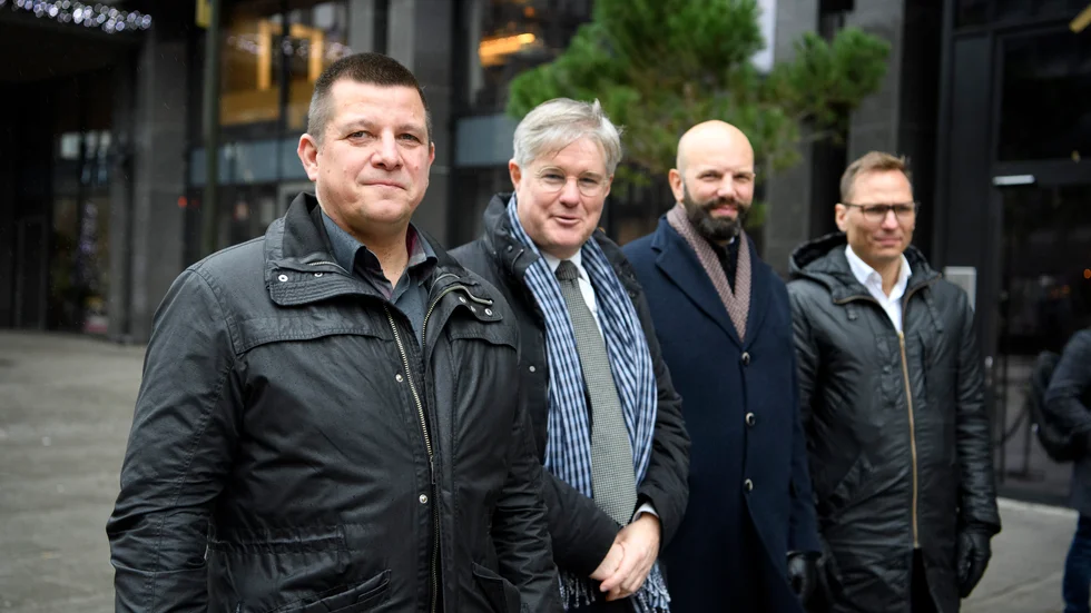 Herrarna som vill ta över a-kassan. Från vänsterVeli-Pekka Säikkälä, avtalssekreterare IF Metall, Martin Wästfelt, ordförande i PTK:s förhandlingschefsgrupp, Mattias Dahl, vice vd Svenskt Näringsliv och Johan Ingelskog, avtalssekreterare Kommunal. Arkivbild.
