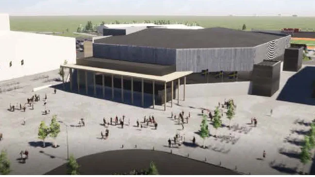 Den nya isarenan Oktagonen i Gränby är tänkt att bli åttkantig och ska ligga mellan Relitahallen och IFU Arena. Så här kan den komma att se ut från utsidan.