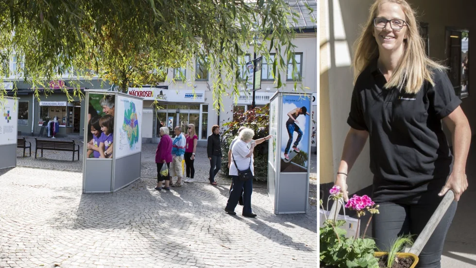 Sara Eresund, plansamordnare, här med en av kommunens blomsterskottkärror 2018. Hon är en av projektledarna för Framtidsplan 2050, där nu invånarna får säga sitt. Till vänster kan man se hur det såg ut 2013, när kommunen också tog in åsikter. 