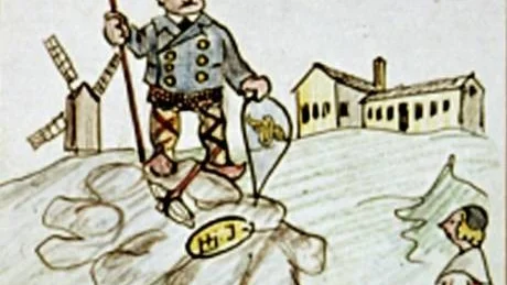 Överbanmästare Hjalmar Johansson som viking på Kulbacken beundras av kvinna i Tjustdräkt. Teckning av Arre Essén 1943.