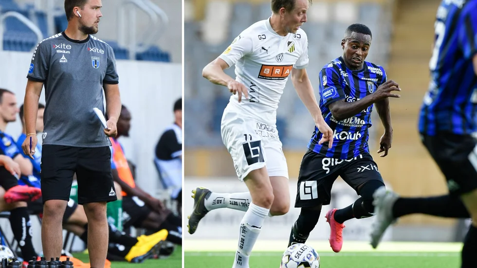 "Det skulle såklart vara ruskigt kul att spela kval till Europa League", säger assisterande tränare Theodor Olsson (till vänster).Till höger: Häckens Viktor Lundberg (11) och Sirius Nahom Girmai Netabay i kamp om bollen under mötet  på Studenternas i juni. På måndagskvällen möts lagen på Hisingen i Göteborg.