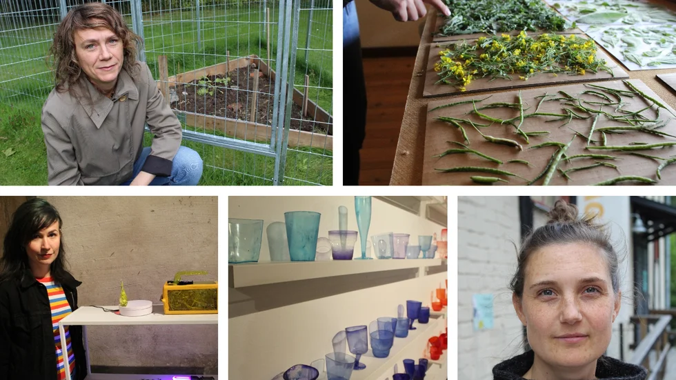 Rejmyre Art Lab låter konsten möta föroreningarna i en ny utställning. Cecilia Jonsson, övre bilden, visar "Den förbjudna trädgården", Ammy Olofsson, nere till vänster, vid sin geigermätare och verksamhetsledare Hanna Lundborg, nere till höger.