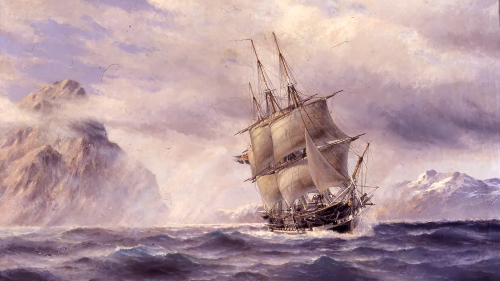 Jacob Häggs målning som visar hur fregatten Eugenie kommer ut i Stilla havet efter att ha seglat genom Magellans sund. Detta hände 1852. Hägg var inte med, utan gjorde målningen 1905.