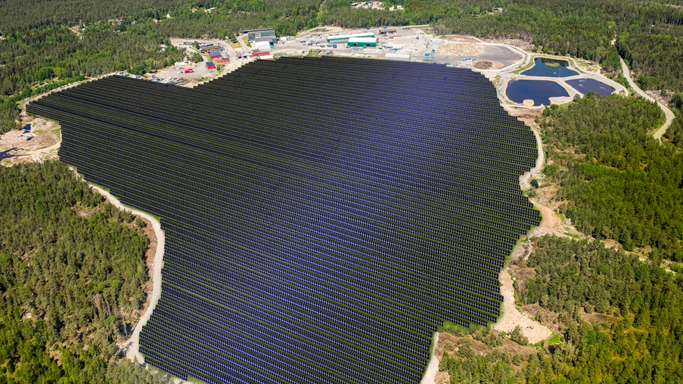 Visionsbild av den 11000 kvadratmeter stora solcellsparken som ska byggas på deponin på Lilla Nyby.