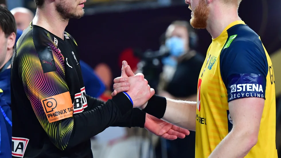 Danmarks Niklas Landin och Sveriges Jim Gottfridsson skakar tass efter VM-finalen i handboll i söndags.