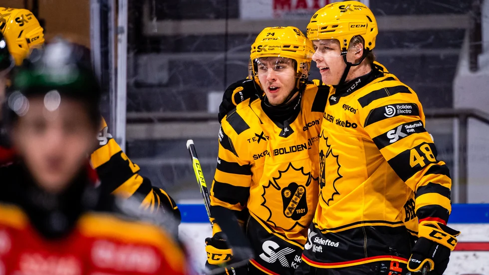 Andreas Wingerli och Jonatan Berggren firar efter den sistnämndes klassmål (3–1) och efter att AIK just nu är hetast i SHL. 