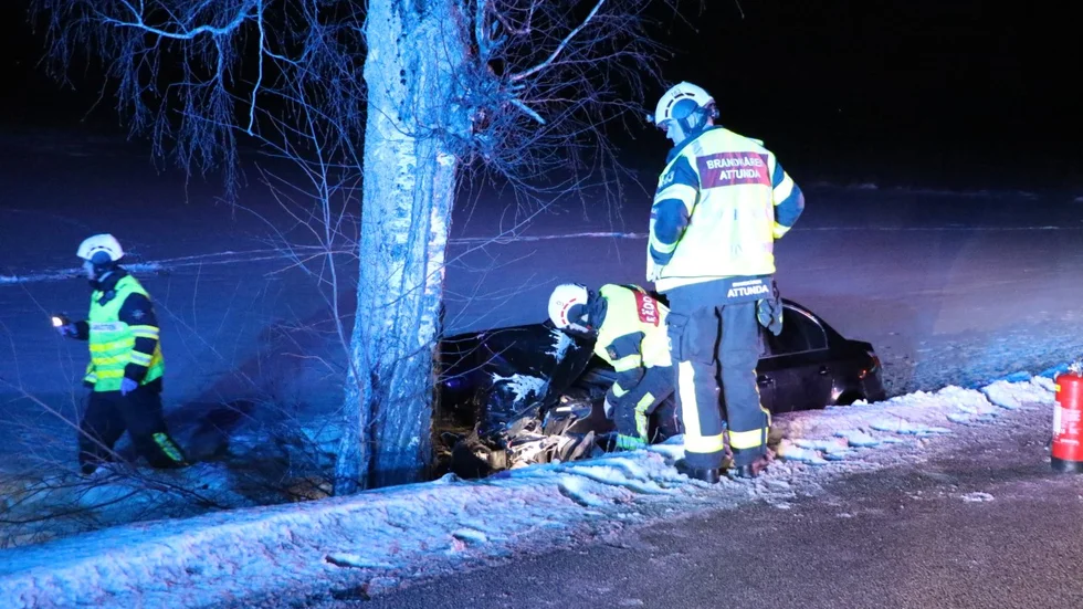 Strax efter halv två natten till söndag körde en bil av väg 1060 och in i ett träd. Föraren ska ha väjt för vilt.