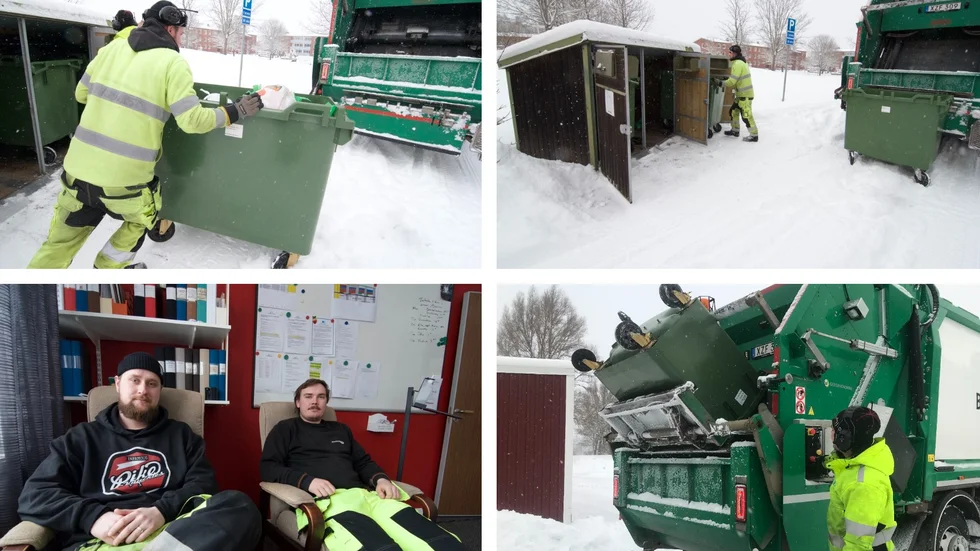 Runt niotiden är det dags för frukost. Då har sopgubbarna Elias Nylund och Jesper Persson redan varit ute en runda på morgonen. Vi hängde med dem under en snöig arbetsdag.