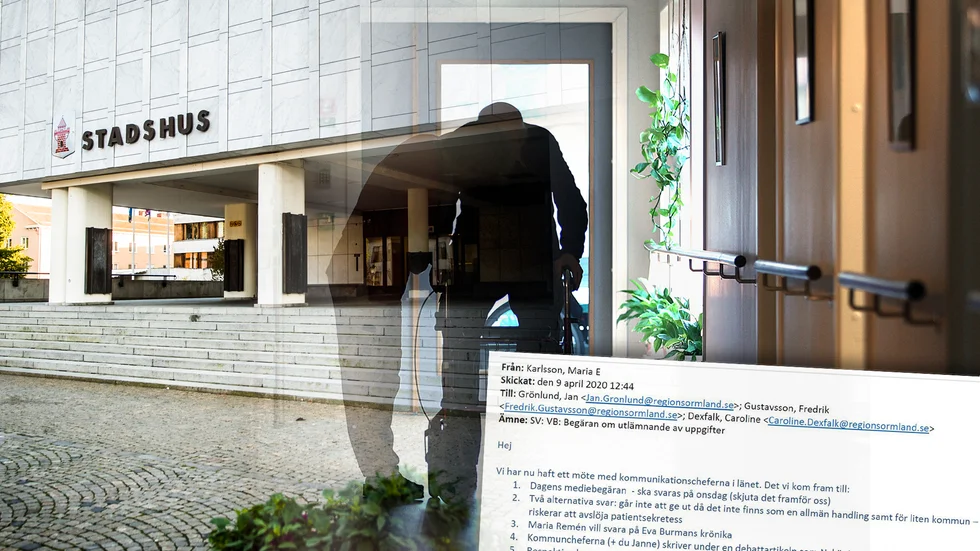 Nyköpings kommun har fått flera frågor av JO efter Sörmlands Medias granskning. Nu ska kommunen svara. I montaget syns en skärmdump av ett mejl från Region Sörmlands kommunikationsdirektör Maria E Karlsson i april i år.