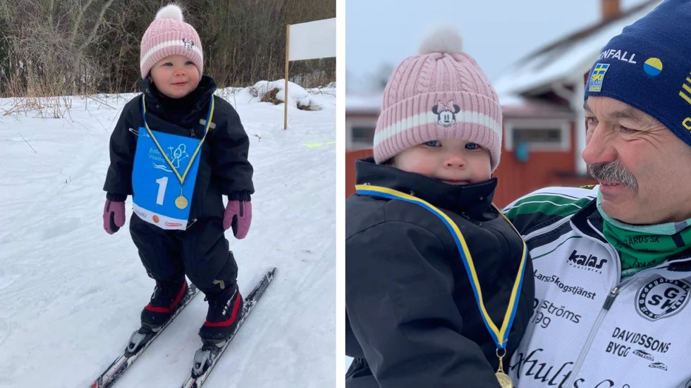 Yngsta deltagaren Ella Kjellqvist på 1,5 år kämpade på bra under barnens Vasalopp.