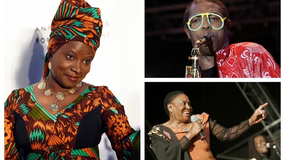 Afrikanska pionjärer för kontinentens musik i västvärlden. Angélique Kidjo, Femi Kuti, och Miriam Makeba.