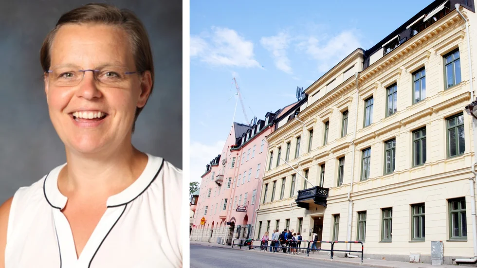 Katarinaskolans rektor Jacobina Silén vill att kommunen ska sätta upp skyltar vid skolan för att uppmana förarna att sänka hastigheten. 