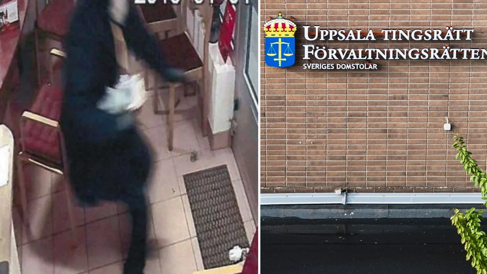 En övervakningsbild från växlingskontoret visar en gärningsman som lämnar platsen med famnen full av kontanter.