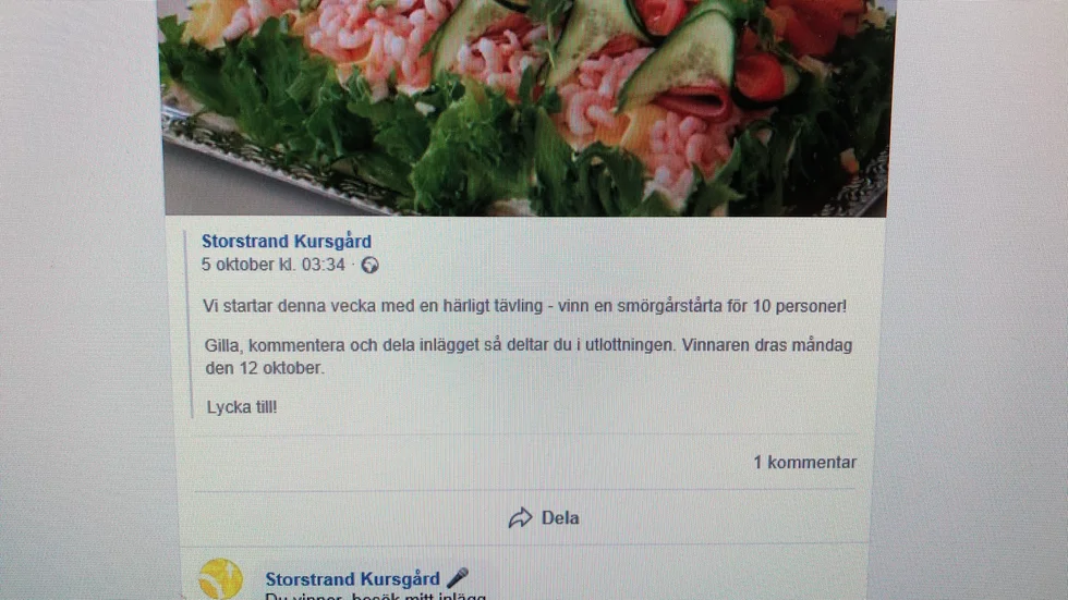 Storstrand kursgårds tävling på Facebook om en smörgåstårta har kapats och en varning har lagts ut på Storstrands Facebook-sida.
