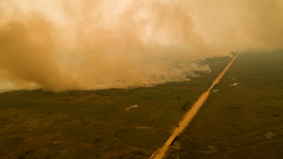 En kraftig skogsbrand i våtmarksområdet Pantanal i Brasilien i september. Arkivbild