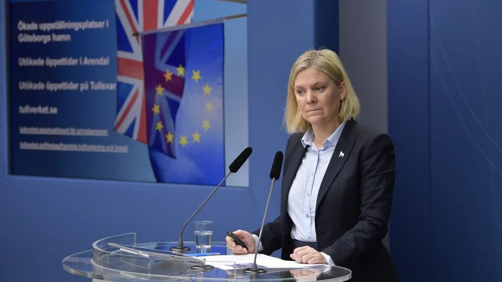 Finansminister Magdalena Andersson vid dagens pressträff.