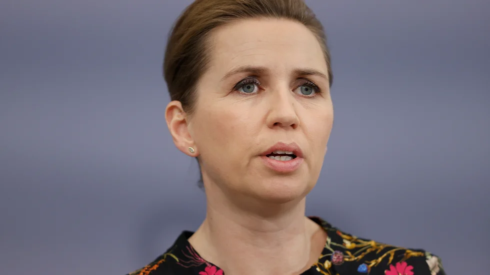 Danmarks statsminister Mette Frederiksen vid en pressträff i februari.