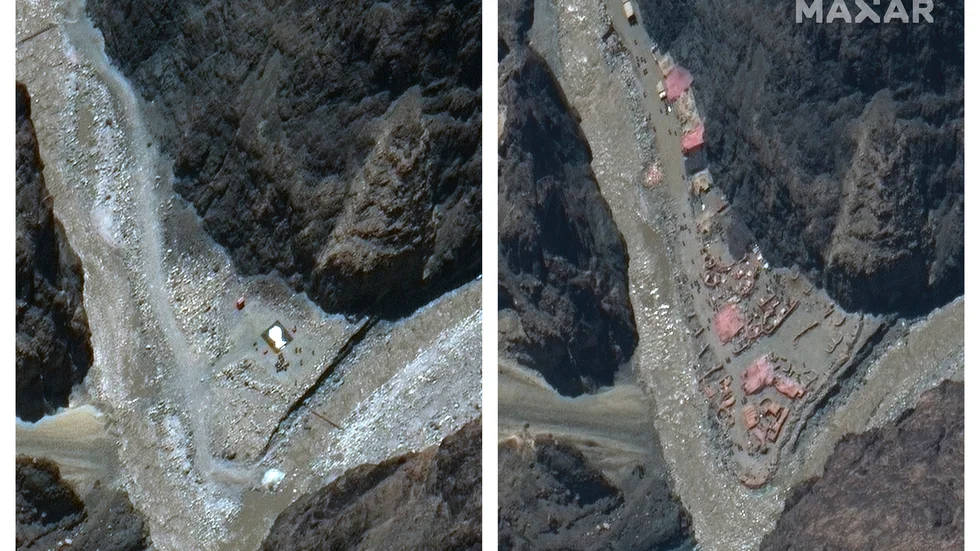 Satellitbilder som enligt företaget Maxar Technologies visar flodfåran i den omstridda Galwandalen den 22 maj (bilden till vänster) och den 23 juni, då kinesisk militär förstärkt sin närvaro i dalen.