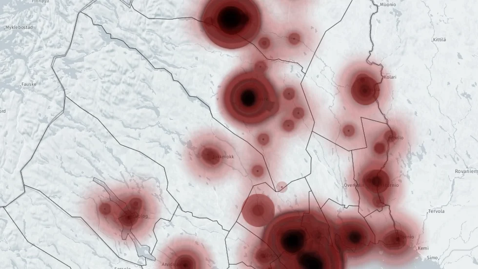Vi har visualiserat coronasmittans spridning i Norrbotten på en interaktiv karta med hjälp av data från Region Norrbotten.