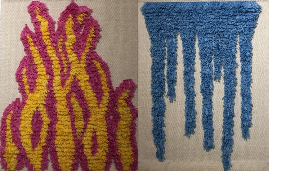 Ida Isaks "Skogarna brinner" och "Isarna smälter", halvrya. Konsthallen Kaleido, Piteå.
